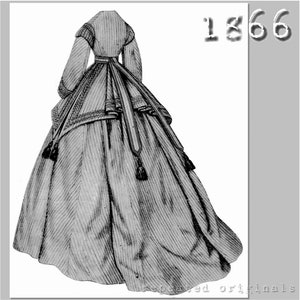May include: A black and white line drawing of a woman wearing a long dress with a bustle. The dress has a fitted bodice and a full skirt. The woman is wearing a sash around her waist and has her hair pulled back. The drawing is labeled "1866".