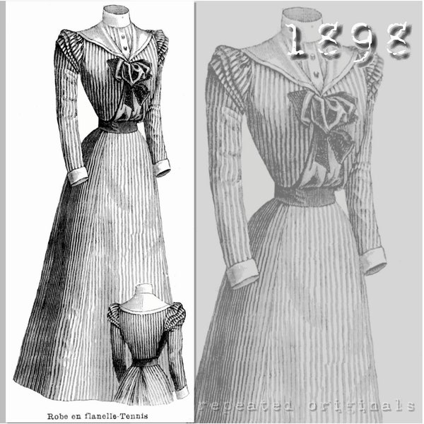 Tennis Dress of striped flannel -37" Bust- Victorian Reproduction PDF Pattern - 1890's - made from original 1898 La Mode Illustree  pattern