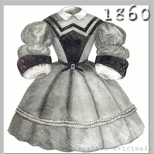 May include: A black and white illustration of a girl's dress from 1860. The dress has a fitted bodice with a black collar and a full skirt with a ruffled hem.