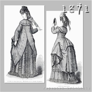 May include: A black and white illustration from 1871 showing two women wearing dresses and hats. The women are shown from the side and the back. The text "CAPOTE EN DRAP (SIMPLICITE)" is at the bottom of the image.