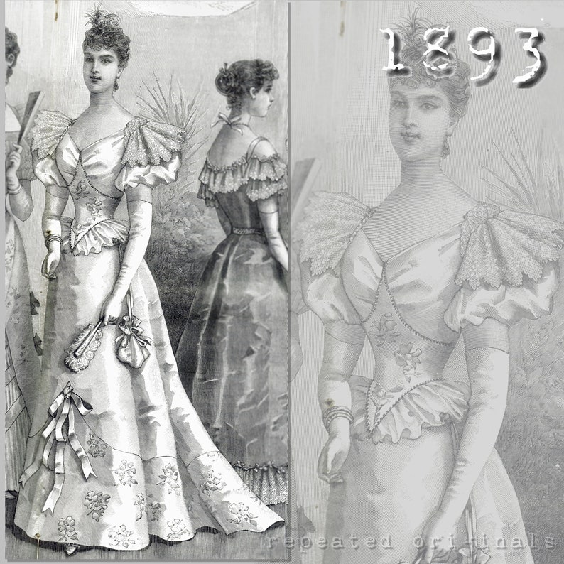 Victorian Dresses | Victorian Ballgowns | Victorian Clothing     Satin Damask and Crepe Ball Gown- Victorian Reproduction PDF Pattern - 1890s - made from original 1893 La Mode Illustrée pattern  AT vintagedancer.com