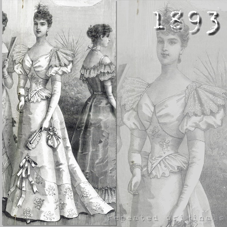 Victorian Dresses | Victorian Ballgowns | Victorian Clothing     Satin Damask and Crepe Ball Gown- Victorian Reproduction PDF Pattern - 1890s - made from original 1893 La Mode Illustr&eacute;e pattern  AT vintagedancer.com