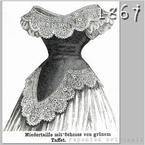 Bal- eller sällskapsliv - viktoriansk reproduktion PDF-mönster - 1860-talet - tillverkat av originalmönstret från Der Bazar från 1867