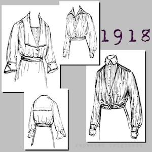 Ladies&#39; Blouse (with neckline and sleeve variations) - 38&quot; Bust - Vintage Reproduction PDF Pattern - Made from an original 1918 pattern