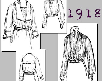 Ladies' Blouse (with neckline and sleeve variations) - 38" Bust - Vintage Reproduction PDF Pattern - Made from an original 1918 pattern
