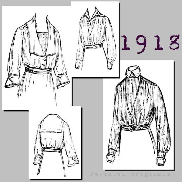 Ladies' Blouse (with neckline and sleeve variations) - 38" Bust - Vintage Reproduction PDF Pattern - Made from an original 1918 pattern