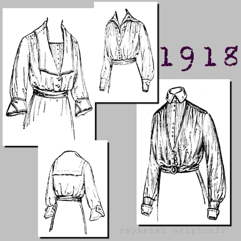 Edwardian Blouses |  Lace Blouses, Sweaters, Vests     Ladies Blouse (with neckline and sleeve variations) - 38 Bust - Vintage Reproduction PDF Pattern - Made from an original 1918 pattern  AT vintagedancer.com