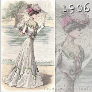 Garden Party Dress with Corselet Skirt -  Edwardian Reproduction PDF Pattern - 1900's - made from original 1906 pattern