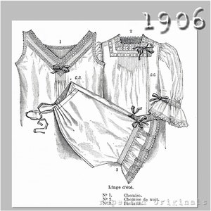 Chemise, Drawers and Nightshirt - Vintage Reproduction PDF Pattern- 1900s-  made from original 1906 La Mode Illustree Pattern