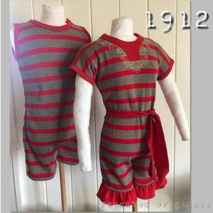 May include: Two striped red and gray one-piece bathing suits, one with a decorative embroidered neckline and a red sash, the other with a plain neckline. The text "1912" is visible in the upper right corner of the image.