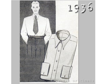 Men's Shirt with attached Collar - Chest 104cm/41"  - 1930's - Vintage Reproduction PDF Pattern -  made from original 1936 Pattern