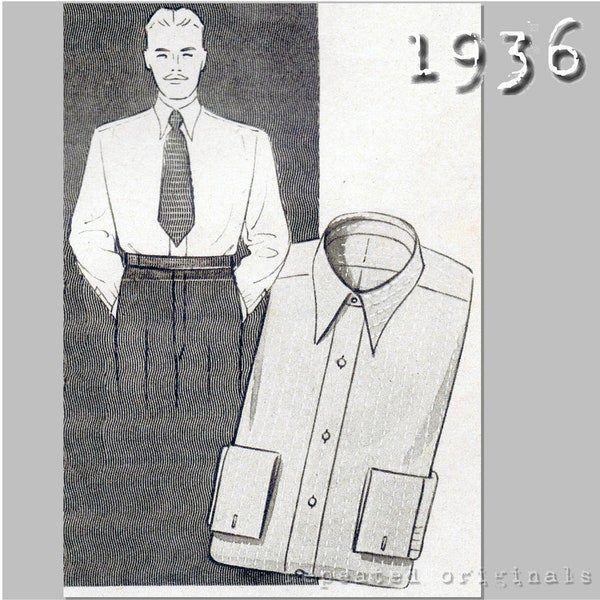 Men's Shirt with attached Collar - Chest 104cm/41"  - 1930's - Vintage Reproduction PDF Pattern -  made from original 1936 Pattern