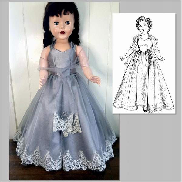 Sewing Pattern for a 1950s 28 inch Pedigree Doll - Halter Strap Evening dress and Petticoat, with Stole