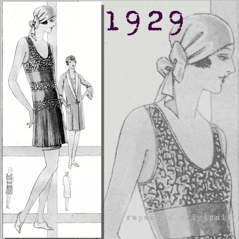 1920s Swimsuits- History, Sew & Shop- Women’s Bathing Suits Ladys Bathing Suit with matching Beach Robe - Bust 102cm -Vintage Reproduction PDF Pattern - 1920s - made from original 1929 pattern $10.08 AT vintagedancer.com