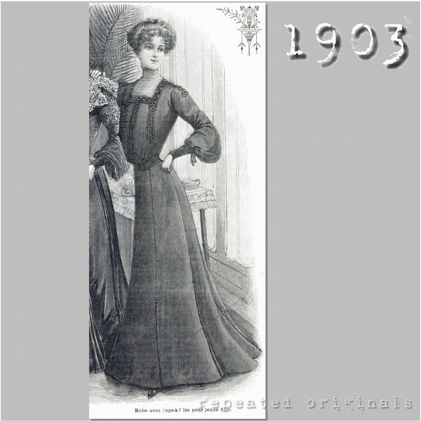 Dress with 7 Panel Skirt - Bust 35 inch -  Edwardian Reproduction PDF Pattern - 1900's - made from original 1903 La Mode Illustrée pattern