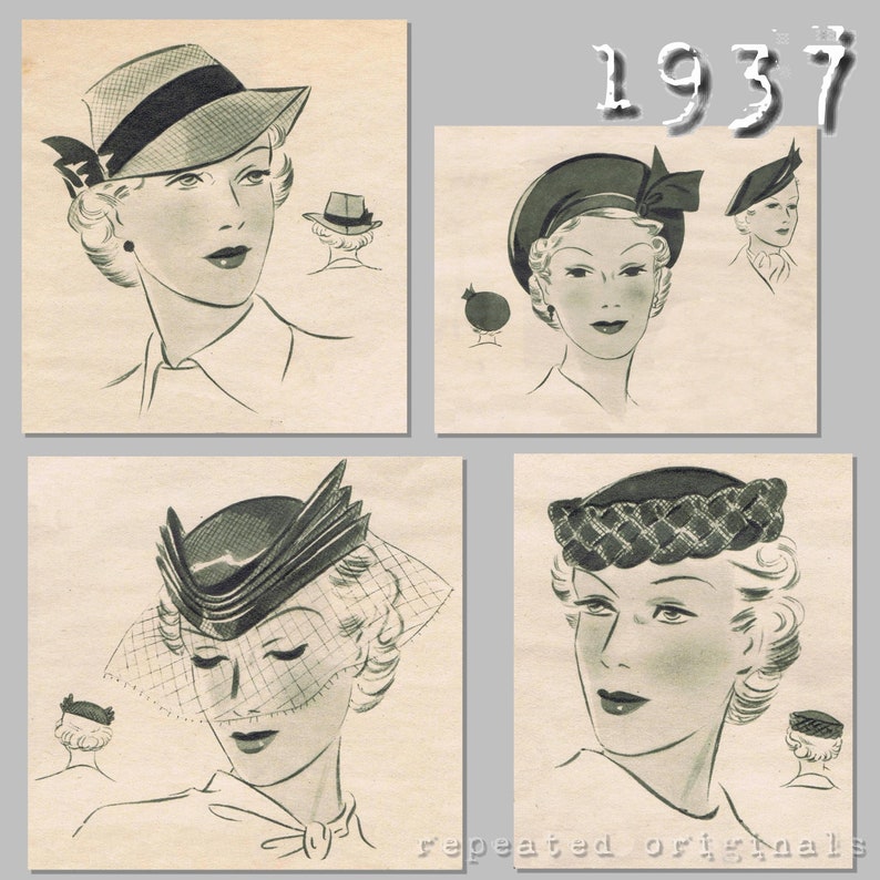 1930s Style Hats | Buy 30s Ladies Hats 4 Hat Patterns - 1930s - Vintage Reproduction PDF Pattern - made from original 1937 Pattern $9.63 AT vintagedancer.com