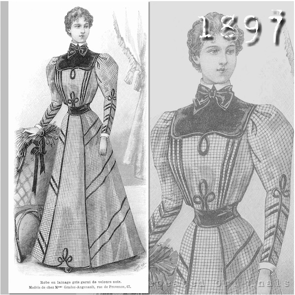 Dress with Velvet Trim-  Victorian Reproduction PDF Pattern - 1890's -  made from original 1897 La Mode Illustree  pattern