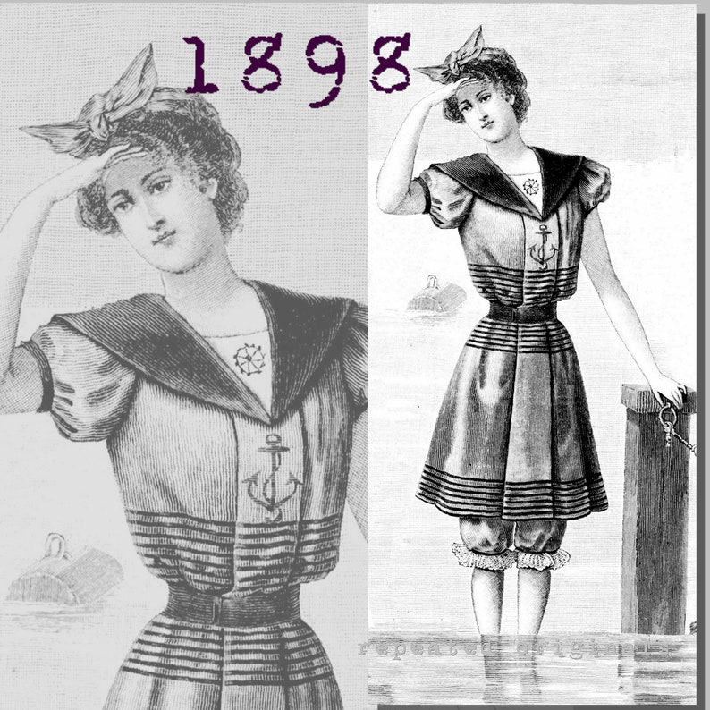 Victorian Swimsuits Patterns, Costumes | Edwardian Bathing Suits     Bathing Suit - Victorian Reproduction PDF Pattern - 1890s -   made from original 1898 pattern  AT vintagedancer.com