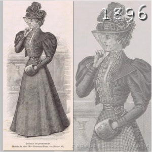 Puede incluir: Ilustración de un atuendo de paseo de 1896. El conjunto presenta una falda larga con estampado de cuadros, una chaqueta entallada con mangas abullonadas y un sombrero decorativo con velo. Imagen de ilustración de moda vintage.