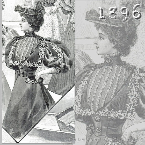 Dress with large lapel - Bodice and Skirt -Victorian Reproduction PDF Pattern - 1890's- made from original 1896 La Mode Illustree pattern