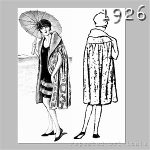 May include: Black and white illustration of two women wearing long coats. The woman on the left is holding an umbrella and the woman on the right is standing with her arms crossed. The image is labeled "1926".