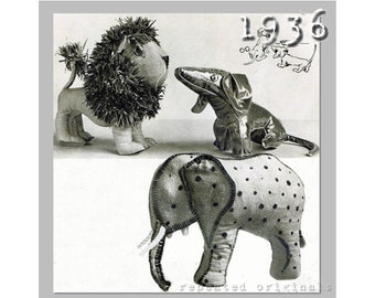 Soft Toys Pattern - Lion 25cm - Dachshund 16cm - Elephant 36cm - Vintage Reproduction PDF Pattern -1930's -made from original 1936 pattern
