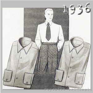 May include: Vintage illustration of a man in a white shirt, tie, and patterned trousers, flanked by two folded shirts. The image has the text "1936" and is a vintage fashion illustration.