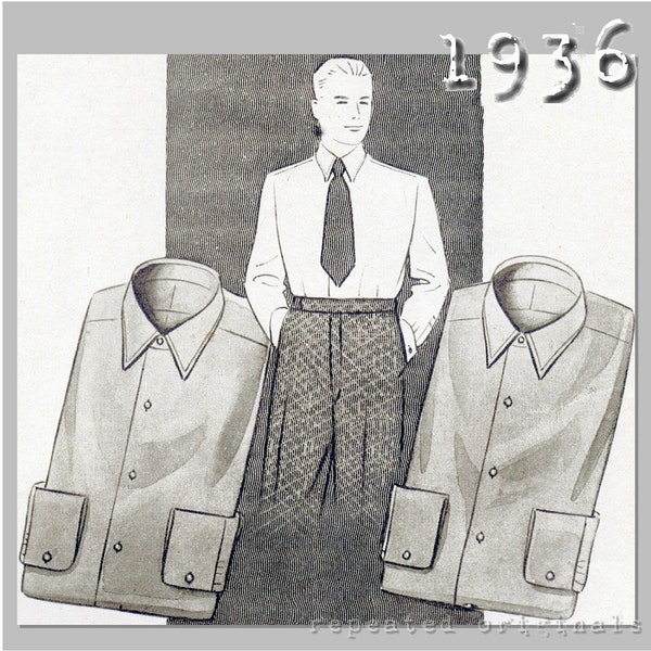 Men's Shirt with attached Collar - Chest 120cm/47"  - 1930's - Vintage Reproduction PDF Pattern -  made from original 1936 Pattern