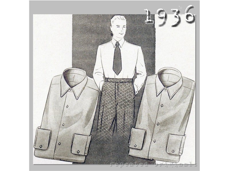 1930s Sewing Patterns- Dresses, Pants, Tops     Mens Shirt with attached Collar - Chest 120cm/47  - 1930s - Vintage Reproduction PDF Pattern -  made from original 1936 Pattern  AT vintagedancer.com