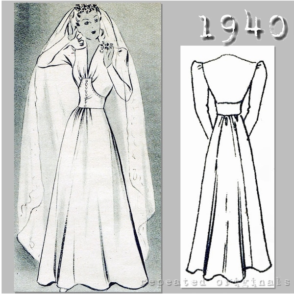 Wedding Dress or Elegant Afternoon Dress - Vintage Reproduction PDF Pattern - 1940's -  made from original 1940 Pattern