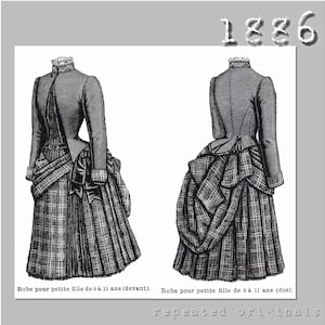 May include: A black and white illustration of a dress from 1886. The dress has a plaid skirt and a fitted bodice. The text "Robe pour petite fille de 9 à 11 ans (devant)." and "Robe pour petite fille de 9 à 11 ans (dos)." is printed below the dress.