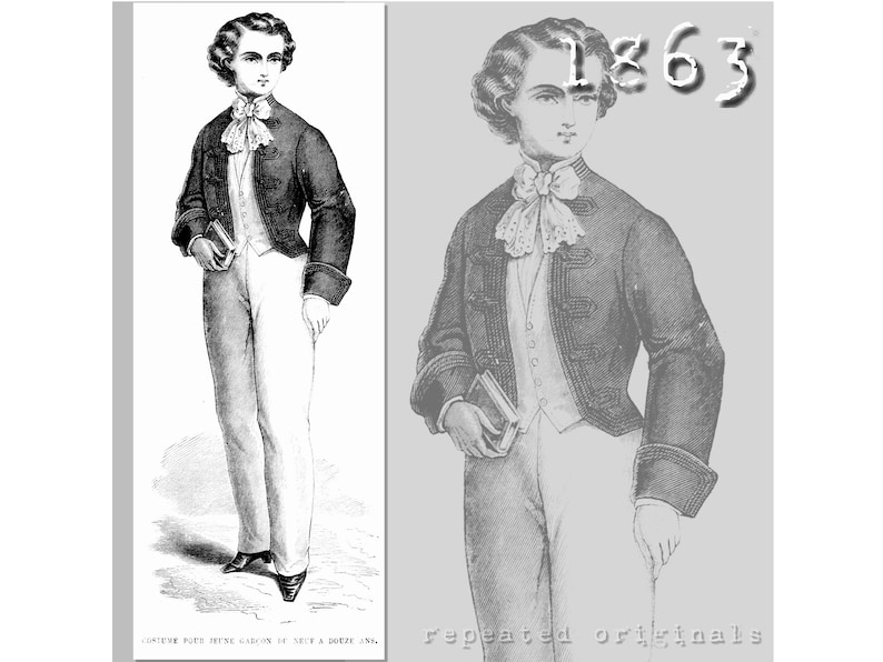 Victorian Kids Costumes & Shoes- Girls, Boys, Baby, Toddler     Jacket for a boy aged 10to 13  - Victorian Reproduction PDF Pattern - 1860s - made from original 1863 La Mode Illustree  pattern  AT vintagedancer.com