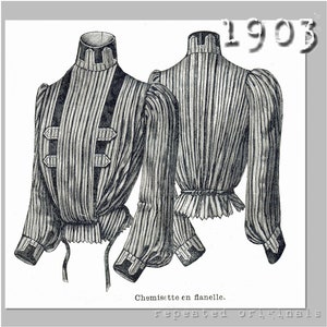 Könnte beinhalten: Eine Schwarzweißillustration einer Vintage-Bluse für Damen mit hohem Kragen und langen Ärmeln. Die Bluse ist gestreift und hat eine geraffte Taille. Der Text "Chemisette en flanelle." ist unter dem Bild gedruckt. Das Jahr "1903" ist in der oberen rechten Ecke des Bildes gedruckt.