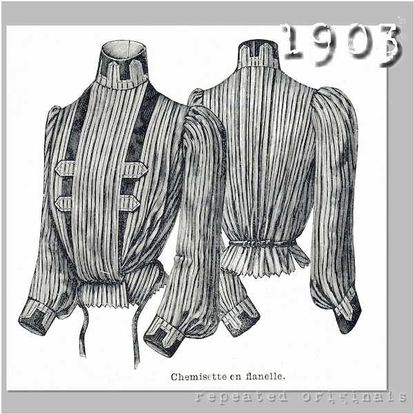 Flannel Shirt -  Edwardian Reproduction PDF Pattern - 1900's - made from original 1903 La Mode Illustrée pattern