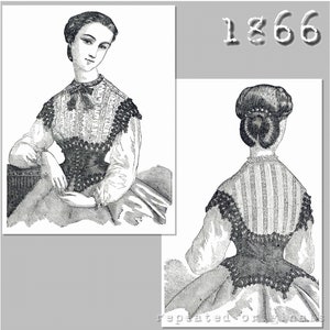 May include: Two vintage illustrations of a woman in a dress. The front view shows the woman seated, wearing a dress with a lace bodice and a bow. The back view shows the dress's details. The number "1866" is in the upper right corner.