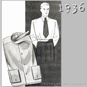 Men&#39;s Button Front Shirt - Detachable Collar- Chest 96cm/37.5&quot; - 1930&#39;s - Vintage Reproduction PDF Pattern - made from original 1936 Pattern