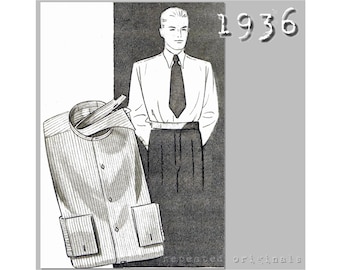 Men's Button Front Shirt - Detachable Collar- Chest 96cm/37.5" - 1930's - Vintage Reproduction PDF Pattern - made from original 1936 Pattern