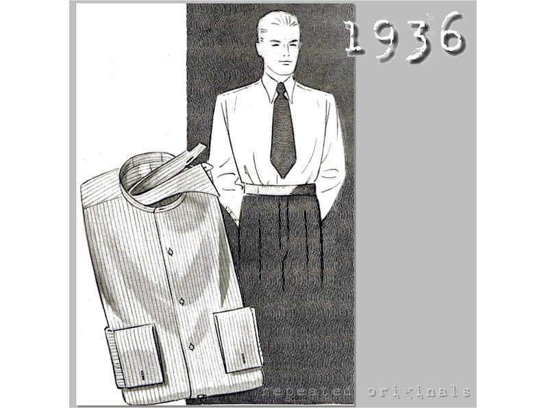 Men’s Vintage Reproduction Sewing Patterns     Mens Button Front Shirt - Detachable Collar- Chest 96cm/37.5 - 1930s - Vintage Reproduction PDF Pattern - made from original 1936 Pattern  AT vintagedancer.com