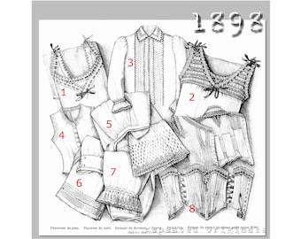 Chemises, Nightshirt, Corset Cover, Petticoat, Drawers and Corset - Vintage Reproduction PDF Pattern- 1890s- made from original 1898 Pattern