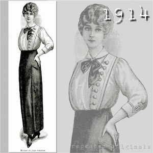 Op de afbeelding: Een zwart-witte illustratie van een vrouw die een wit blouse draagt met een grote strik en een lange rok. De illustratie is uit 1914.