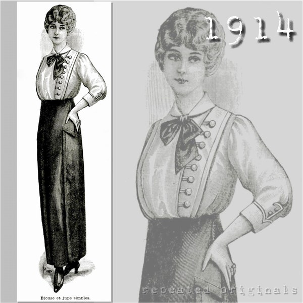 Blusa simple - Patrón PDF de reproducción vintage - Década de 1910 - hecha a partir del patrón original de La Mode Illustree de 1914