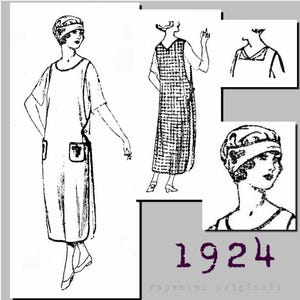 May include: A black and white line drawing of a 1924 dress pattern featuring a loose-fitting dress with short sleeves, two front pockets, and a matching cloche hat. The illustration includes a back view and a detail of the neckline, with the text 1924.