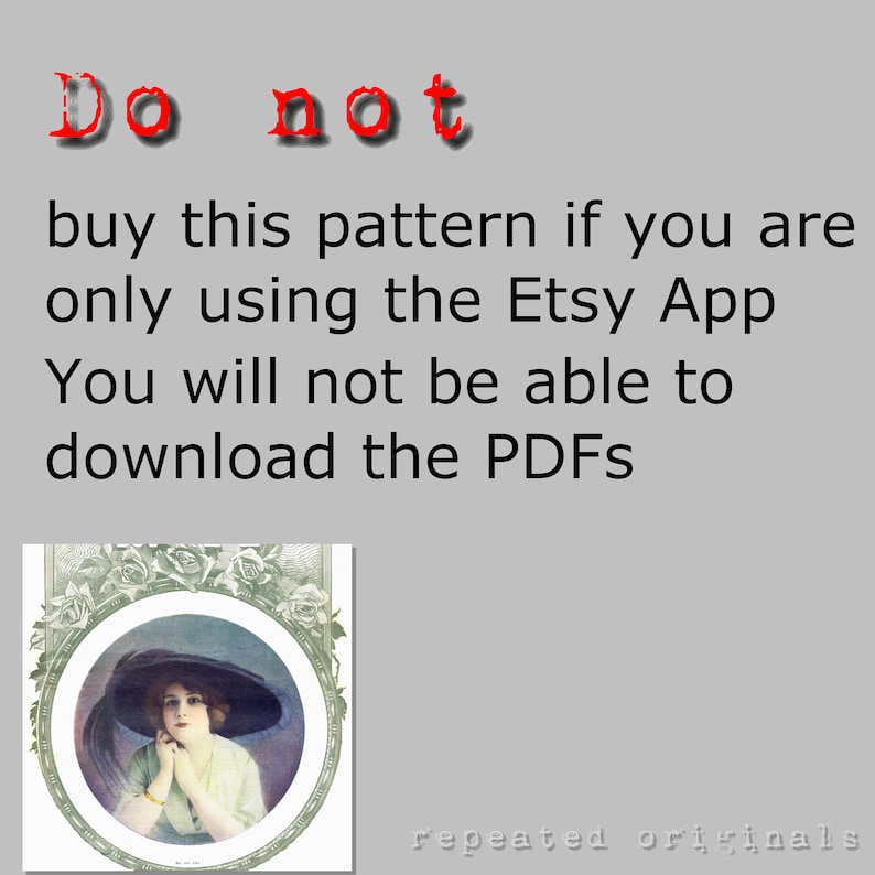 Puede incluir: Una ilustraci&oacute;n vintage de una mujer con un gran sombrero negro y un vestido blanco. La imagen est&aacute; rodeada por un borde floral verde. El texto "Do not buy this pattern if you are only using the Etsy App You will not be able to download the PDFs repeated originals" es visible en la parte inferior de la imagen.