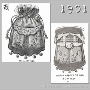 May include: A black and white illustration of a drawstring bag with a pocket and embroidery. The bag is labeled "Sac à ouvrage." The illustration is from 1901 and shows two views of the bag.