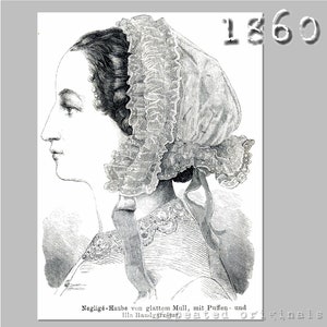 Peut inclure: Une illustration en noir et blanc d'une femme portant un bonnet en dentelle blanche avec un nœud. Le texte "1860" est dans le coin supérieur droit de l'image. Le texte "Nezlige-Haube von glattem Mull, mit Puffen- und  lila Banderol" est en bas de l'image.