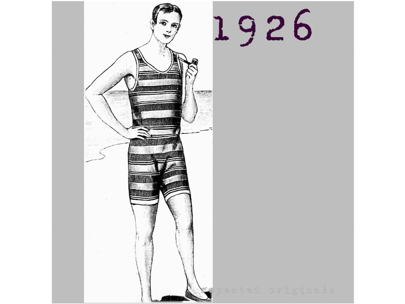 Mens Retro Swim Suits & Cabana Sets     Gentlemans Swimming Costume Bathers Neck to Knee Cossie - Vintage Reproduction PDF Pattern - 1920s -  made from original 1926 pattern  AT vintagedancer.com