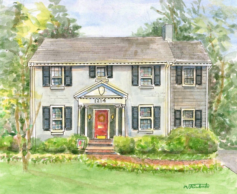 ORIGINAL Custom Home Portrait. HAND PAINTED Watercolor Painting. White Beveled Mat. image 2
