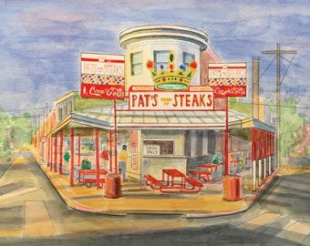 Pat's Steaks.  Matted print of Original Watercolor Painting. White archival mat.