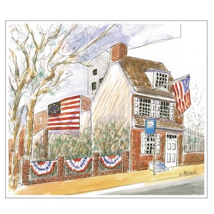The Betsy Ross House.  Matted digital print of original painting.