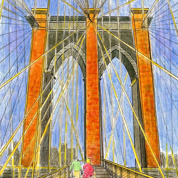 New York City - Brooklyn Bridge. Matted Art Print of Original Watercolor/ink Painting.